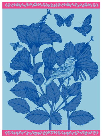 Tea Towel Blue Floral / Pink butterfly and bee