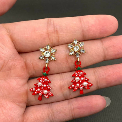 Earrings Red Christmas Tree Rhinestone Snowflake Post Earrings: Red
