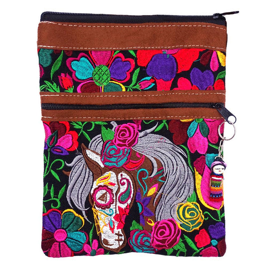 Embroidered Horse Leather Crossbody Purse Passport Bag