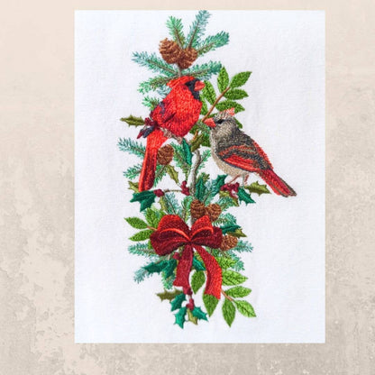 Christmas Tea Towel with Cardinal - Winter Bird on Branches