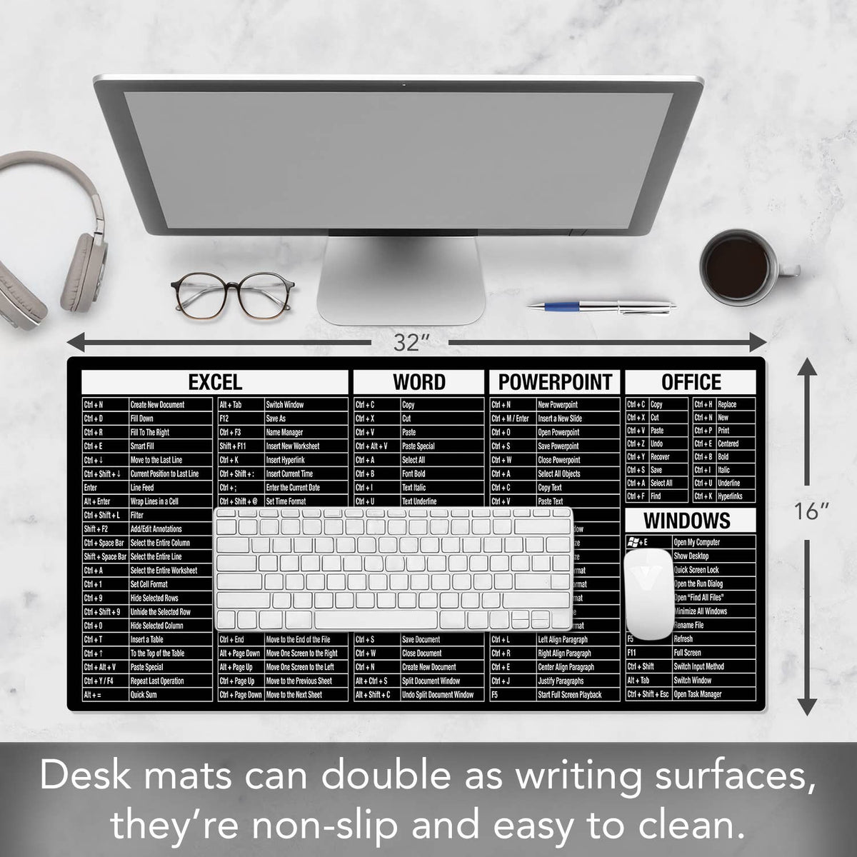 Large Desk Protector Office-Windows Cheat Sheet on Black
