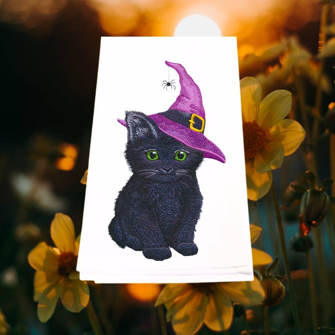 Cute Witch Cat Embroidery Tea Towel - Halloween Kitchen Towe