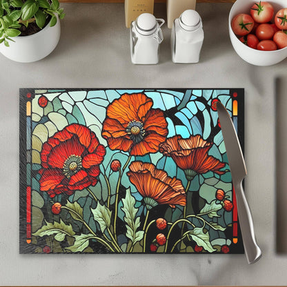 Cutting Board: Floral Poppy  8x11 inch Tempered Glass Serving Tray: