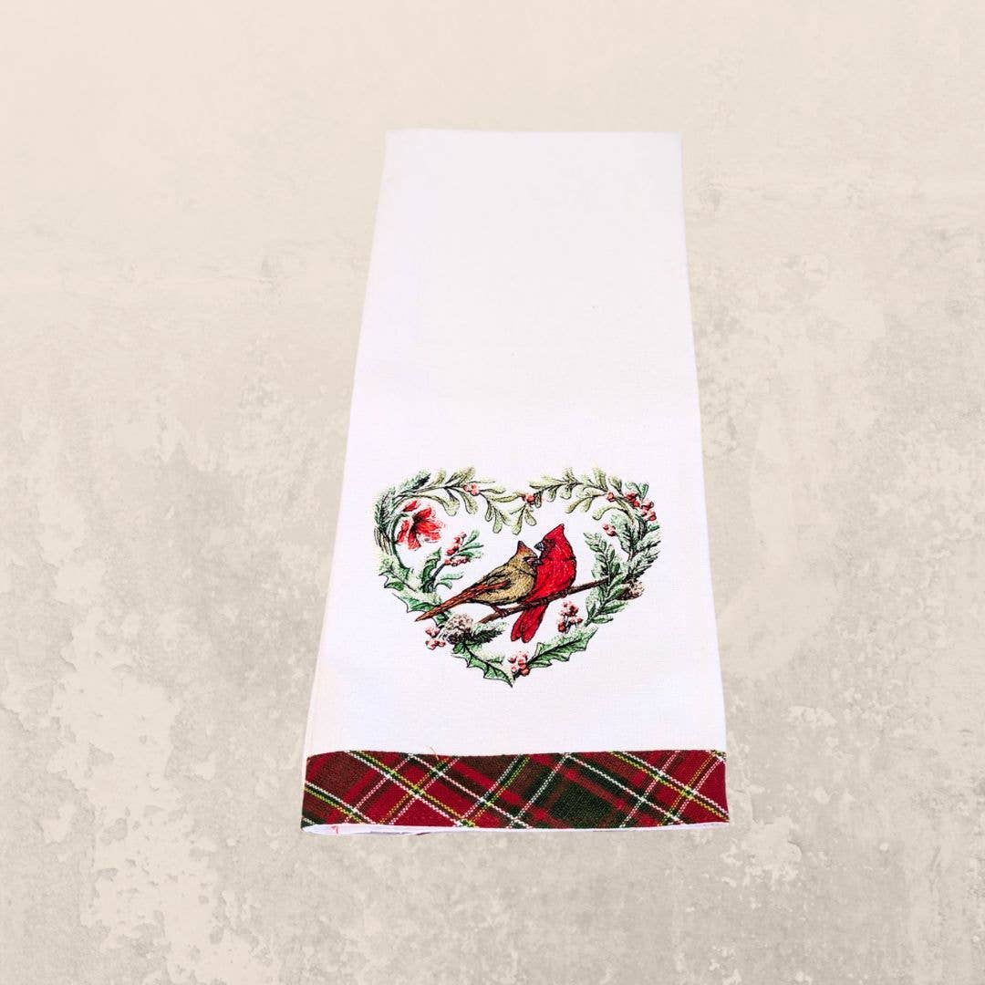 Towel ~ Cardinals Male and Female Cardinals in Heart Tea Towel