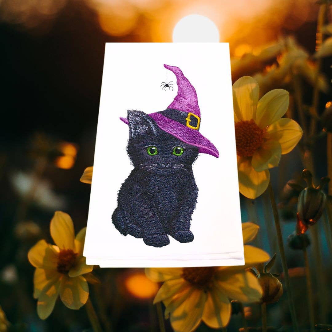 Cute Witch Cat Embroidery Tea Towel - Halloween Kitchen Towe