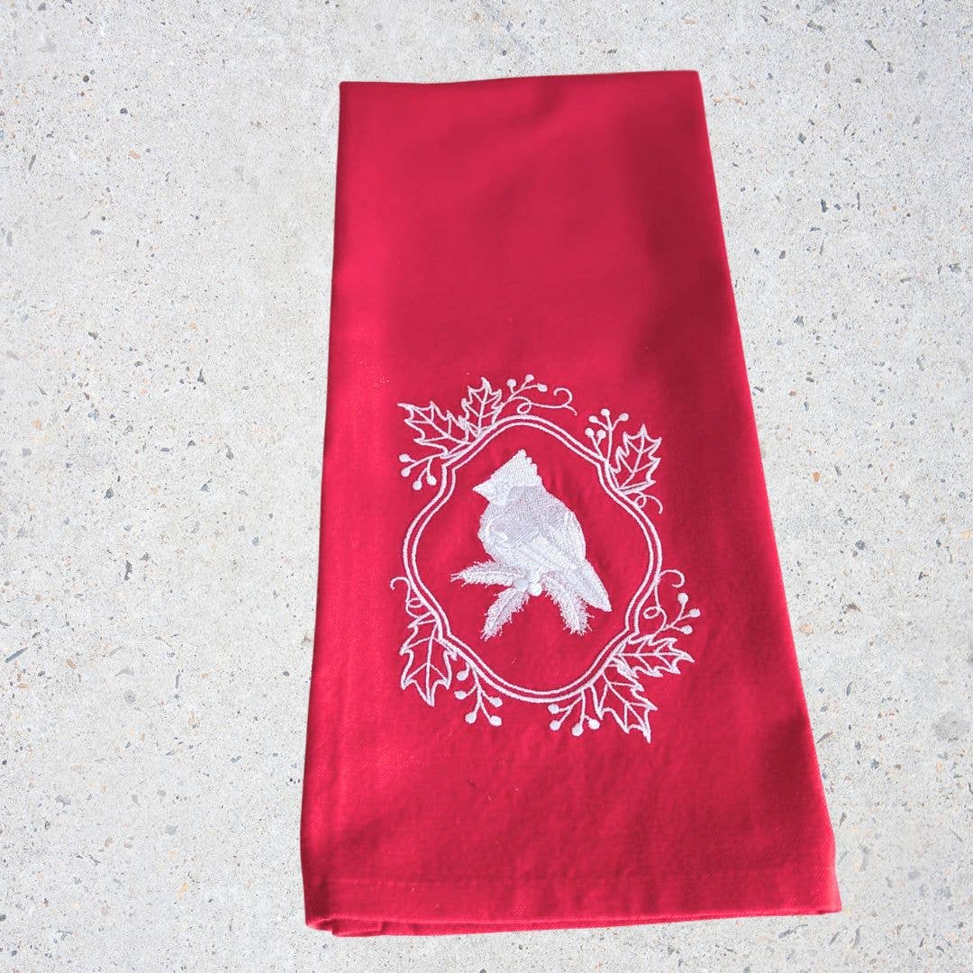 Towel ~ Winter Wonderland Cardinal Tea Towel with Embroidered Detail