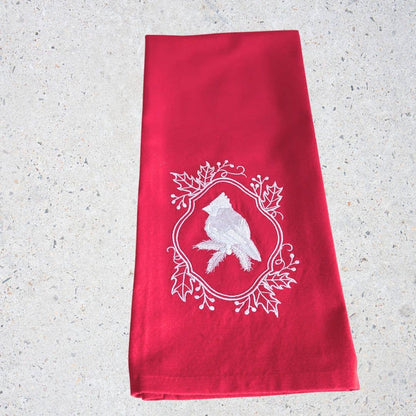 Towel ~ Winter Wonderland Cardinal Tea Towel with Embroidered Detail