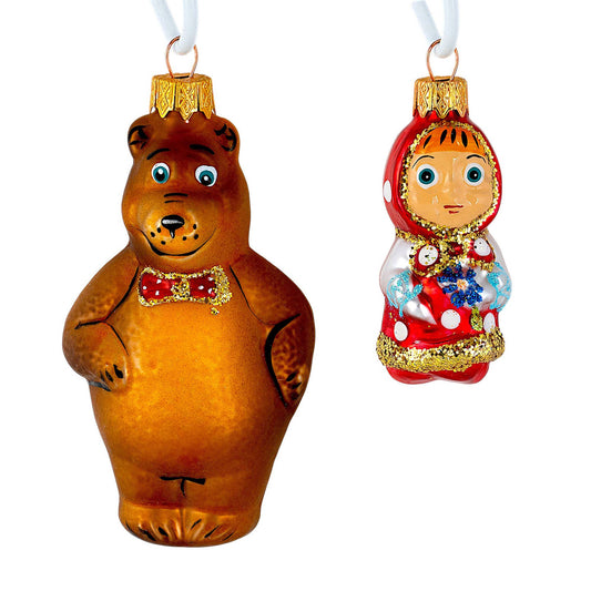 Ornament Masha and the Bear Glass Christmas Ornament Set of 2 ~ Made in Ukraine