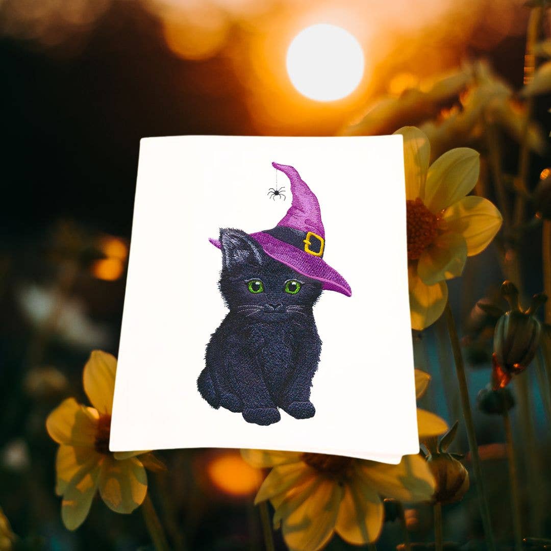 Cute Witch Cat Embroidery Tea Towel - Halloween Kitchen Towe