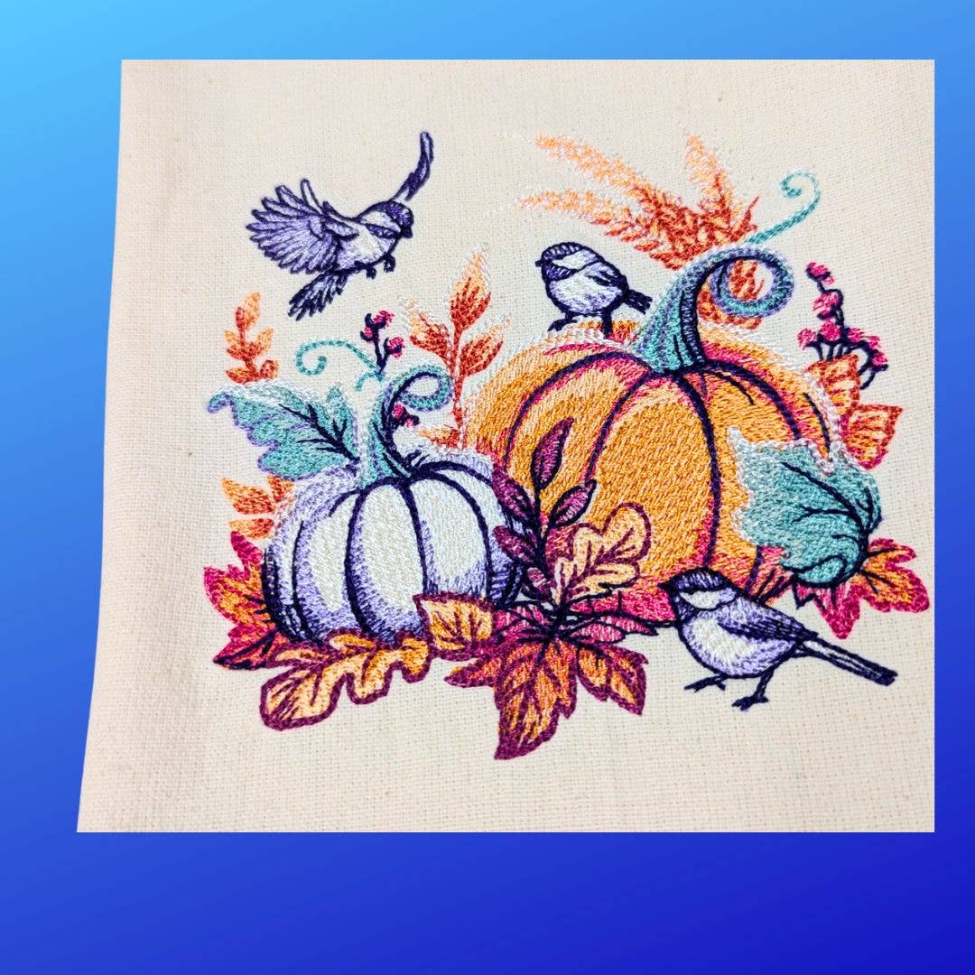 Towel ~ Seasonal Delight Embroidered Tea Towel with Pumpkins, Birds