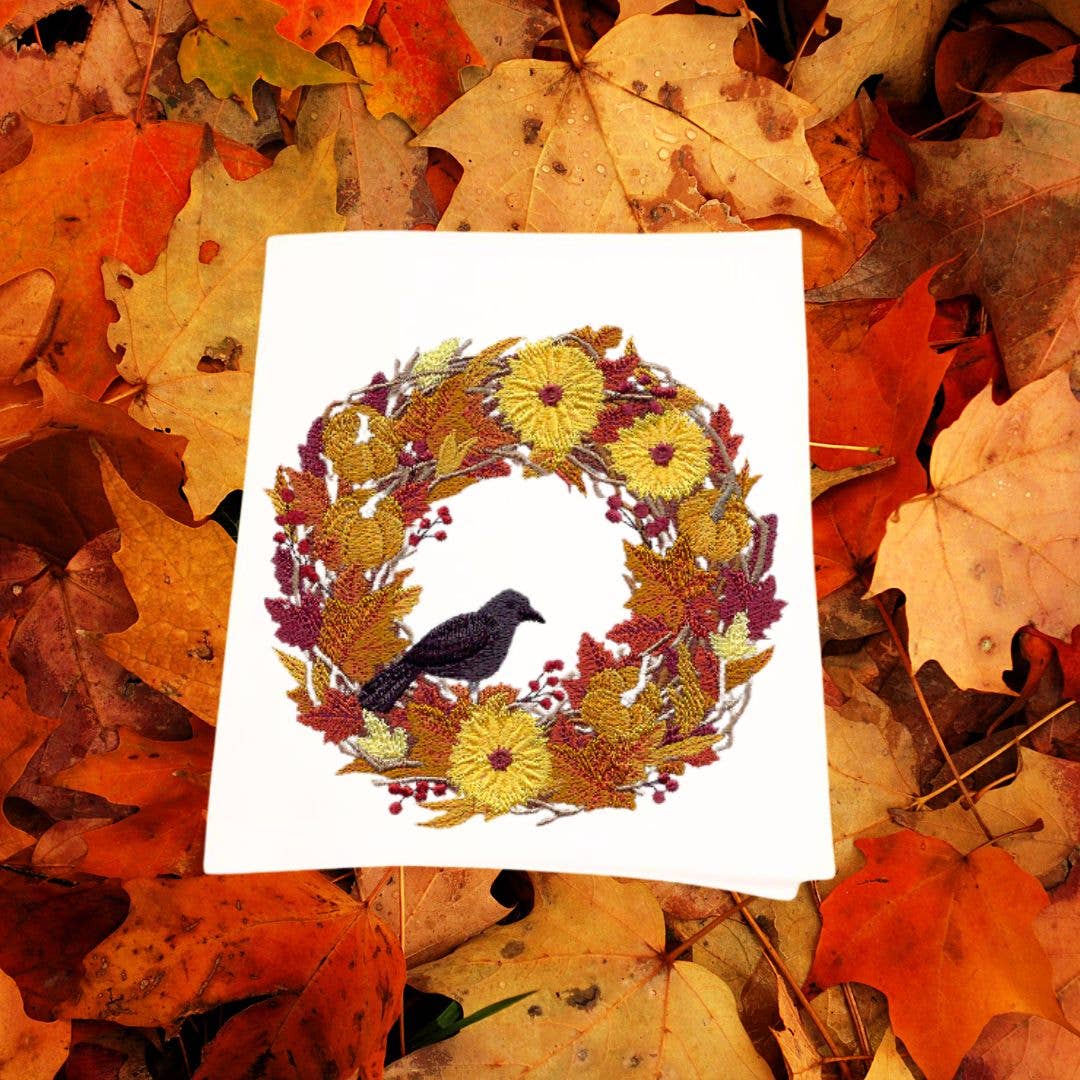 Embroidered Harvest Wreath Tea Towel with Crow