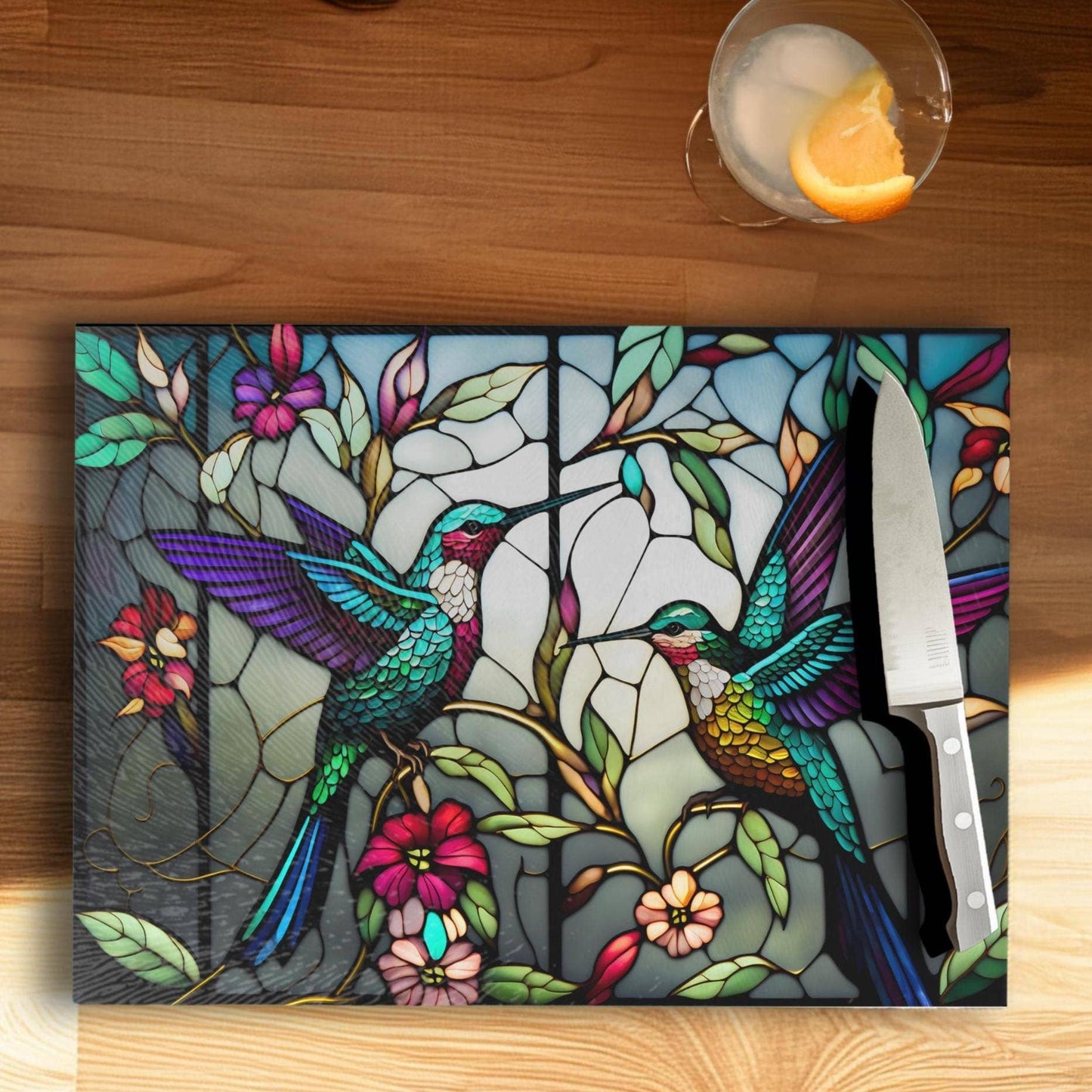 Cutting Board: Hummingbird #2: 8x11 inch   Tempered Glass Cutting Board & Serving Tray