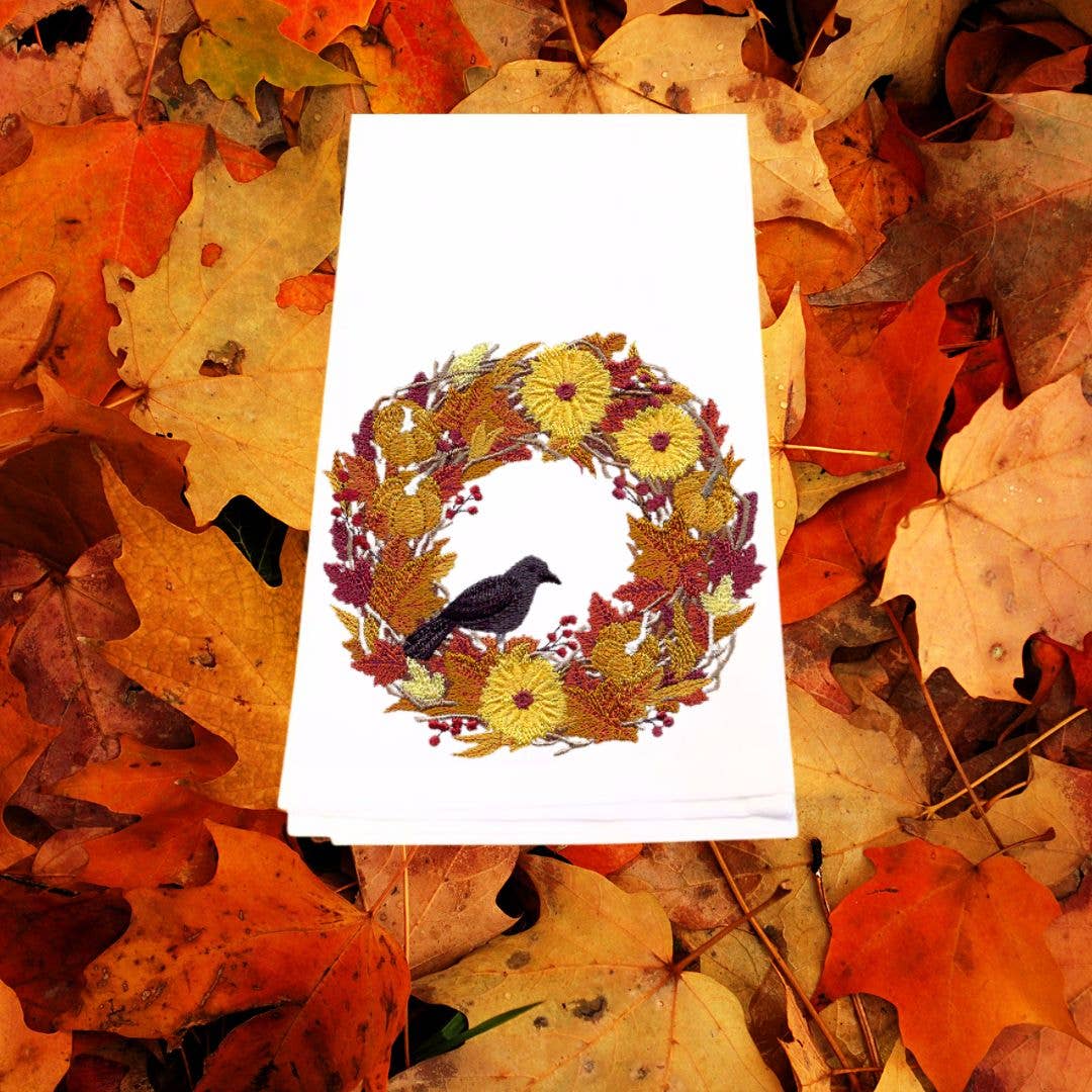 Embroidered Harvest Wreath Tea Towel with Crow