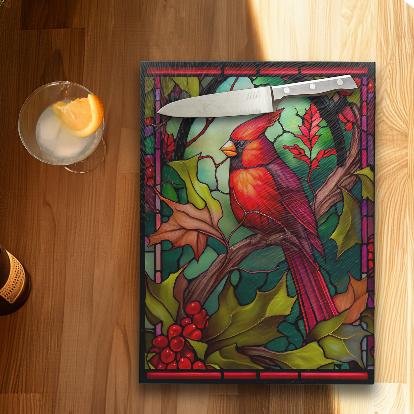 Cutting Board: Cardinals framed in red 8 x 11 Inch   Tempered Glass