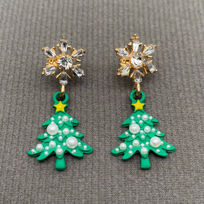Earrings green Christmas Tree Rhinestone Snowflake Post Earrings: Green