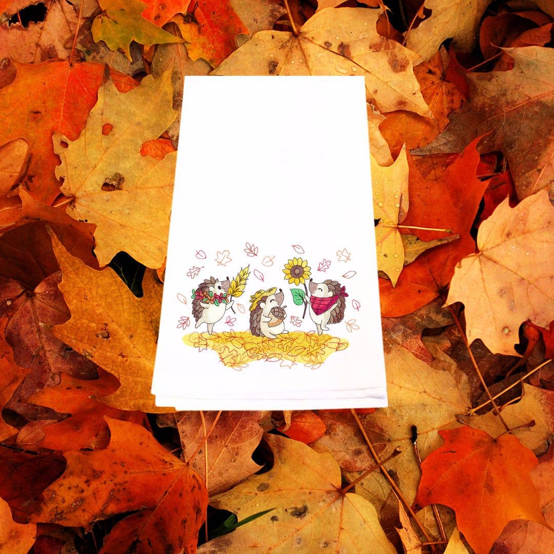 Whimsical Autumn Fun Hedgehog Embroidery Towel