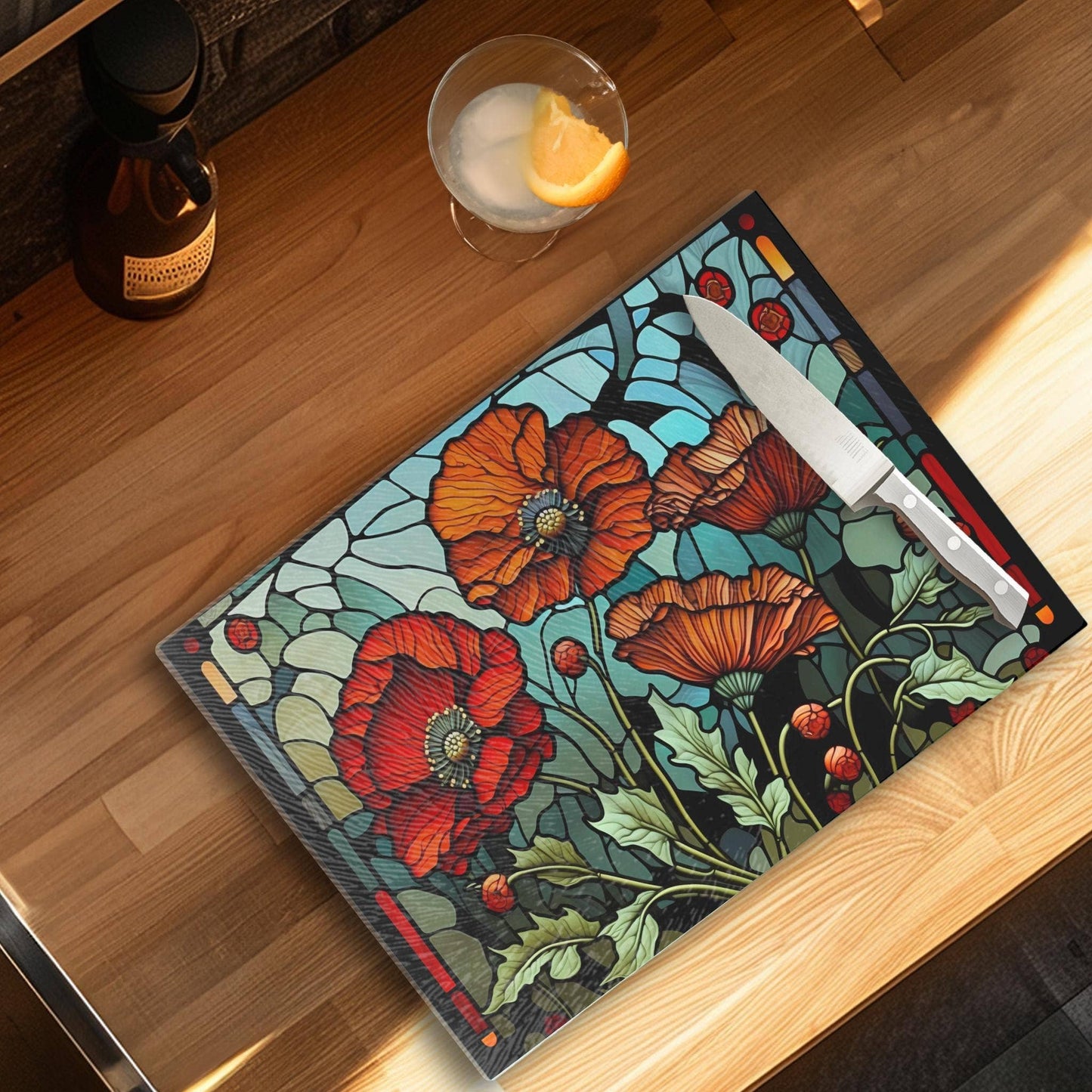 Cutting Board: Floral Poppy  8x11 inch Tempered Glass Serving Tray: