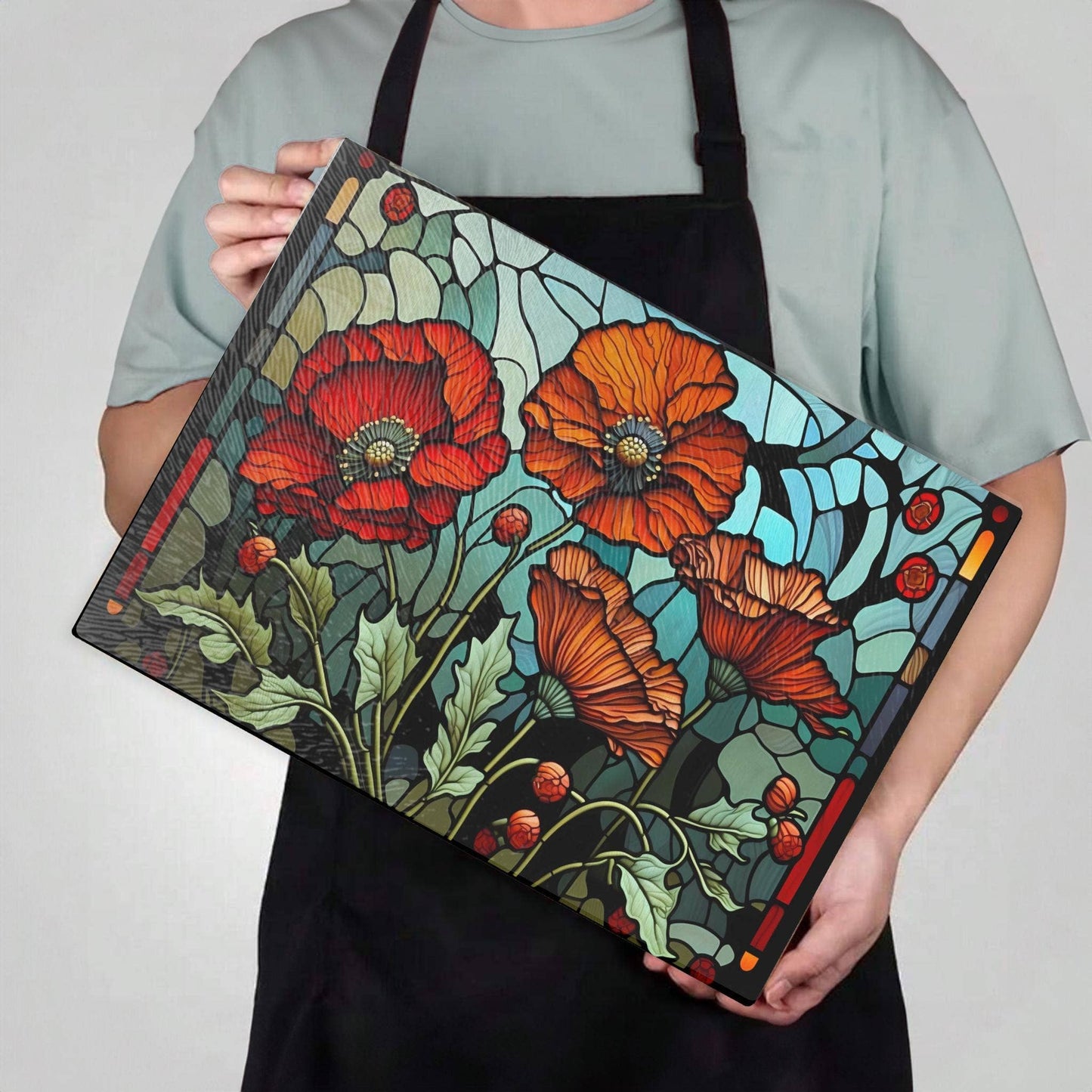 Cutting Board: Floral Poppy  8x11 inch Tempered Glass Serving Tray: