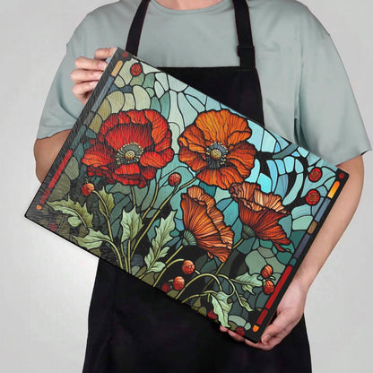 Cutting Board: Floral Poppy  8x11 inch Tempered Glass Serving Tray: