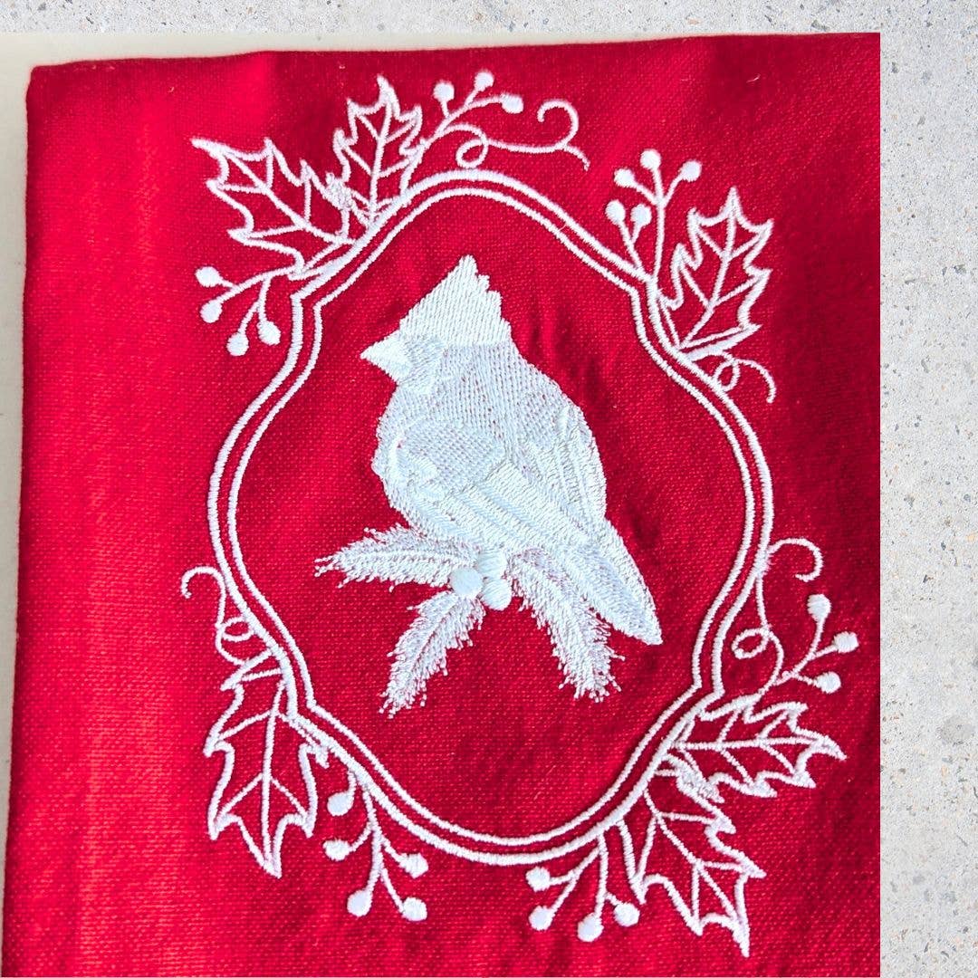 Towel ~ Winter Wonderland Cardinal Tea Towel with Embroidered Detail