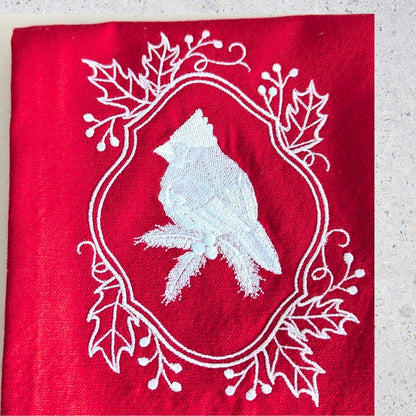 Towel ~ Winter Wonderland Cardinal Tea Towel with Embroidered Detail