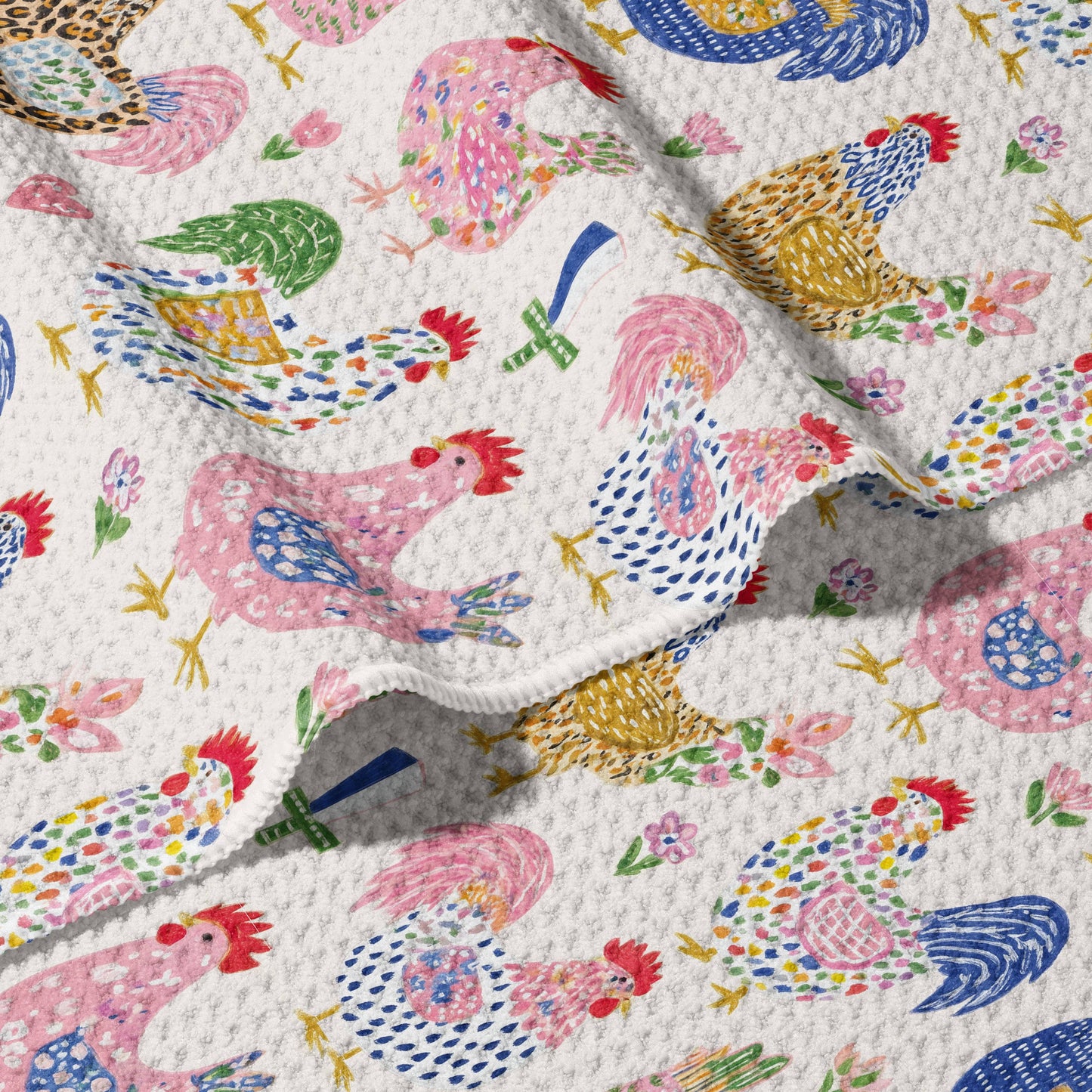 Towel /poly ~ Colorful Chickens Waffle Dish Towel