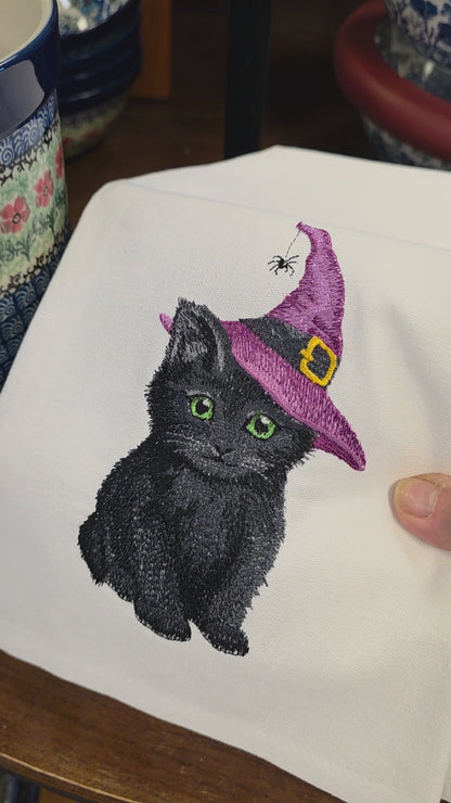 Towel ~ Cat Witch Embroidery Tea Towel - Halloween Kitchen Towe