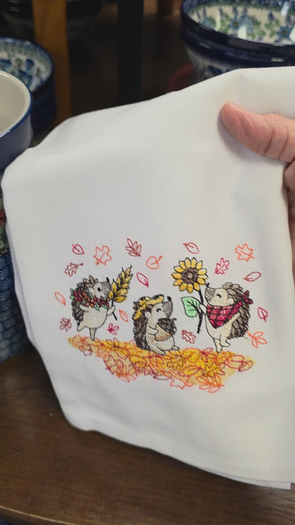 Towel ~ Hedgehog Embroidery tea Towel  Whimsical Autumn Fun
