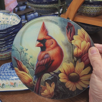 Cutting Board: Cardinal & Flowers 8 inch round   Tempered Glass