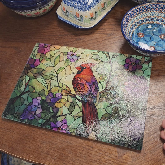 Cutting Board: Cardinal Floral mosaic 8 x 11 Inch  Tempered Glass