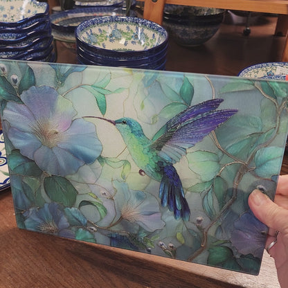 Cutting Board: Hummingbird Cutting Board & Tray: 8x11 inch Tempered Glass