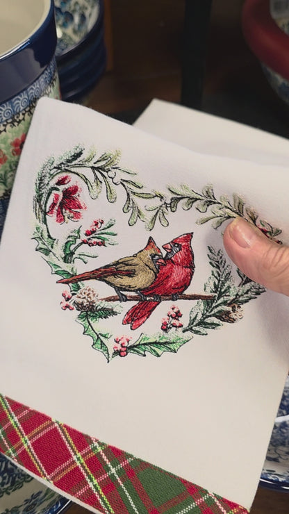 Towel ~ Cardinals Male and Female Cardinals in Heart Tea Towel