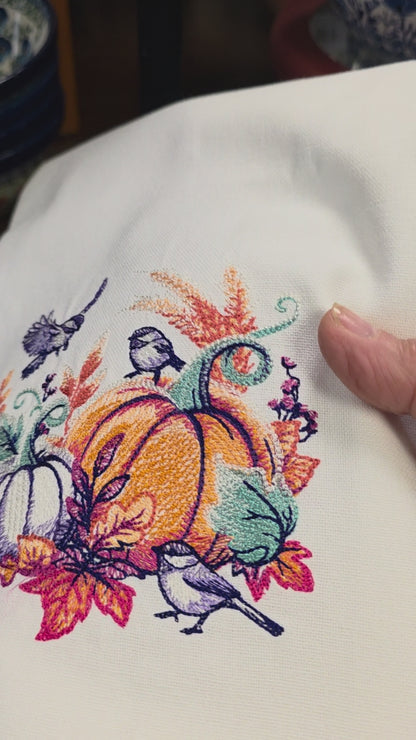 Towel ~ Seasonal Delight Embroidered Tea Towel with Pumpkins, Birds