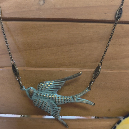Jewelry Brass Necklace Swooping Swallow Patina in Turquoise