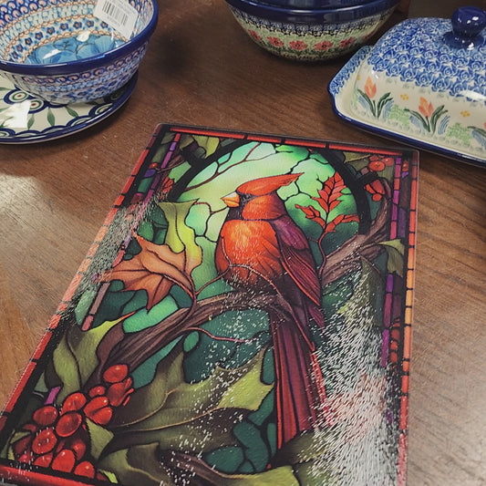 Cutting Board: Cardinals framed in red 8 x 11 Inch   Tempered Glass