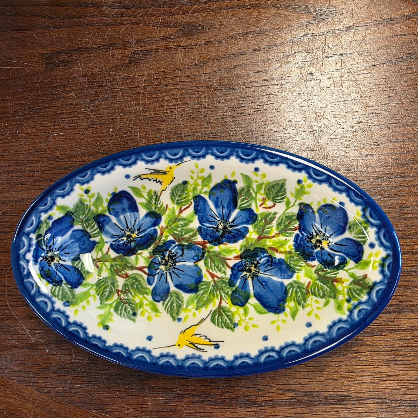 Dish Oval 7" Blue Flowers Yellow bird