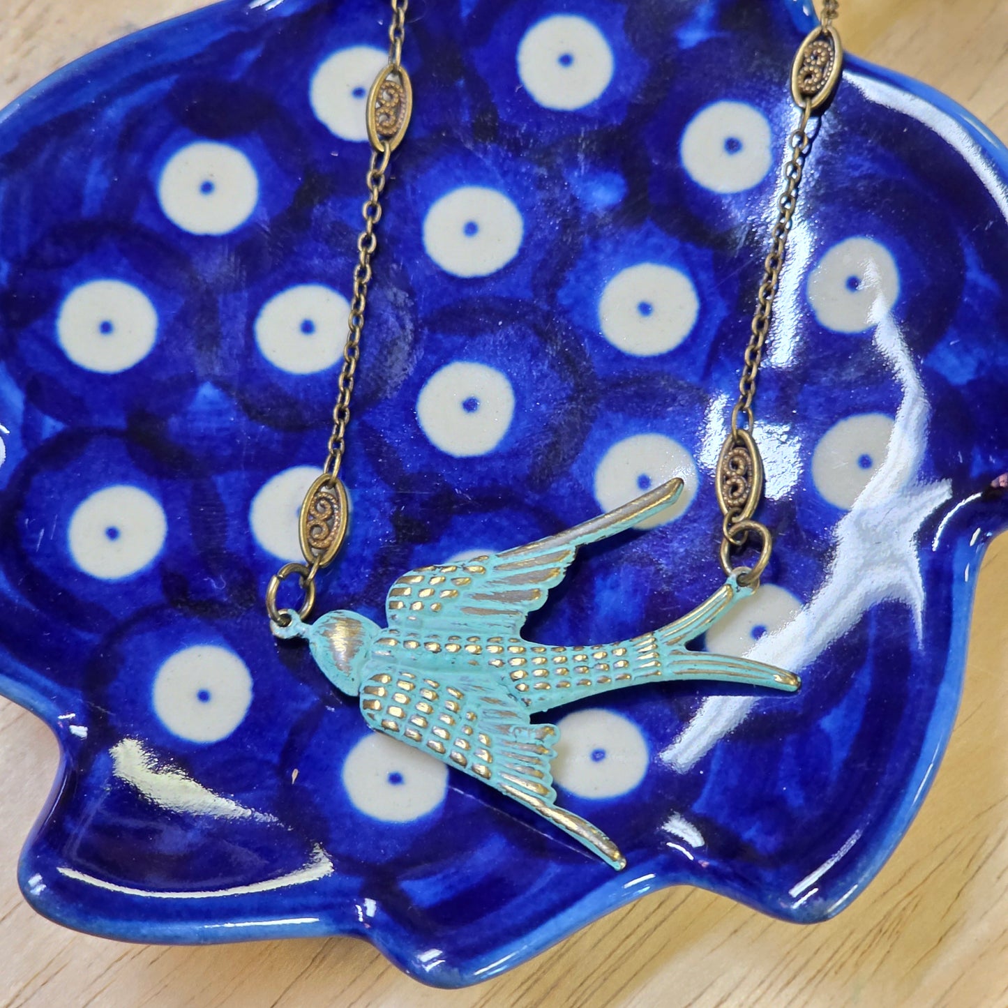 Jewelry Brass Necklace Swooping Swallow Patina in Turquoise