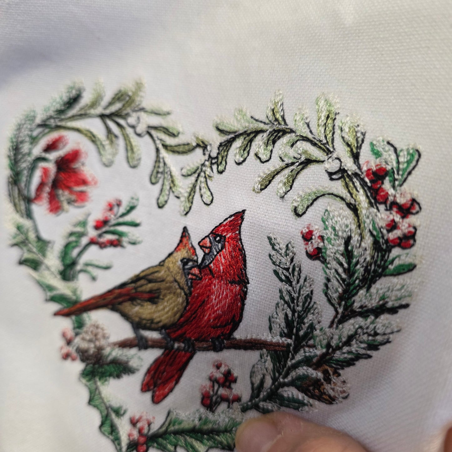 Towel ~ Cardinals Male and Female Cardinals in Heart Tea Towel