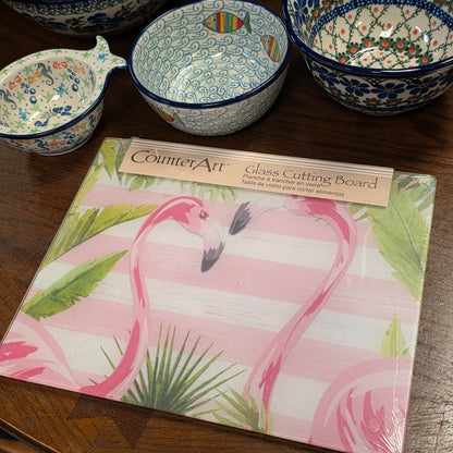 Cutting Board Flamingo / Counter Saver Glass 8" x 10". **Not Polish Pottery