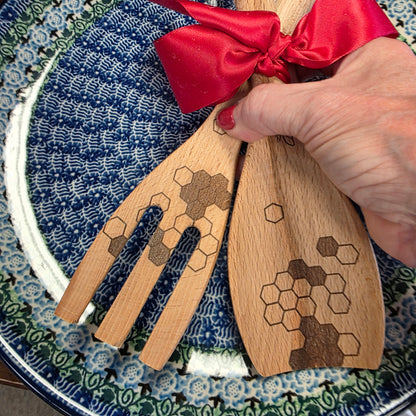 Wood 2 Pc Honey Bee set ~ Spoon (flat) & Fork Salad Serving
