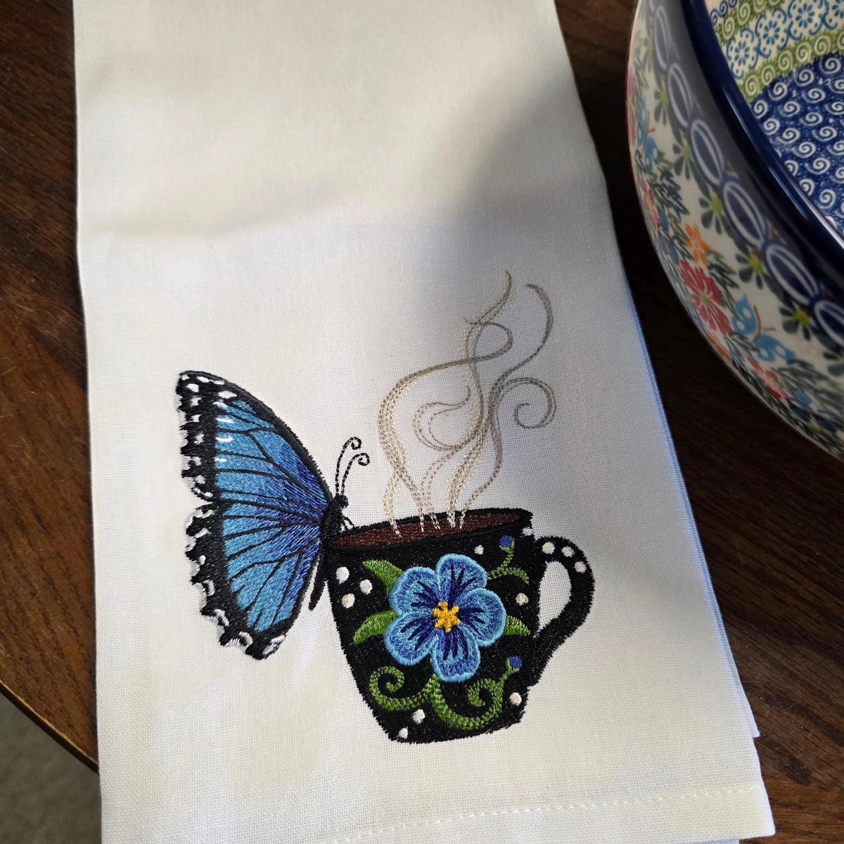 Towel ~ Morpho Butterfly On Edge of Cup Tea Towel with Embroidered Detail