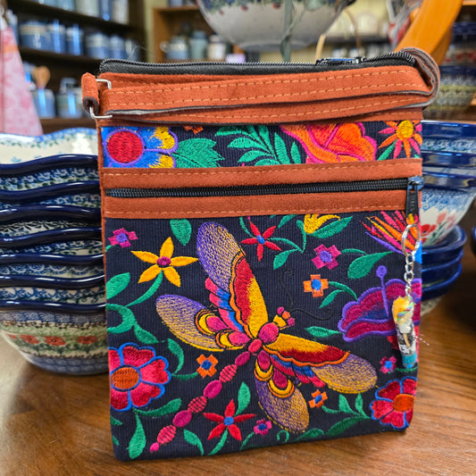 Embroidered Dragonfly Black #2 ~  Faux Leather Crossbody Purse