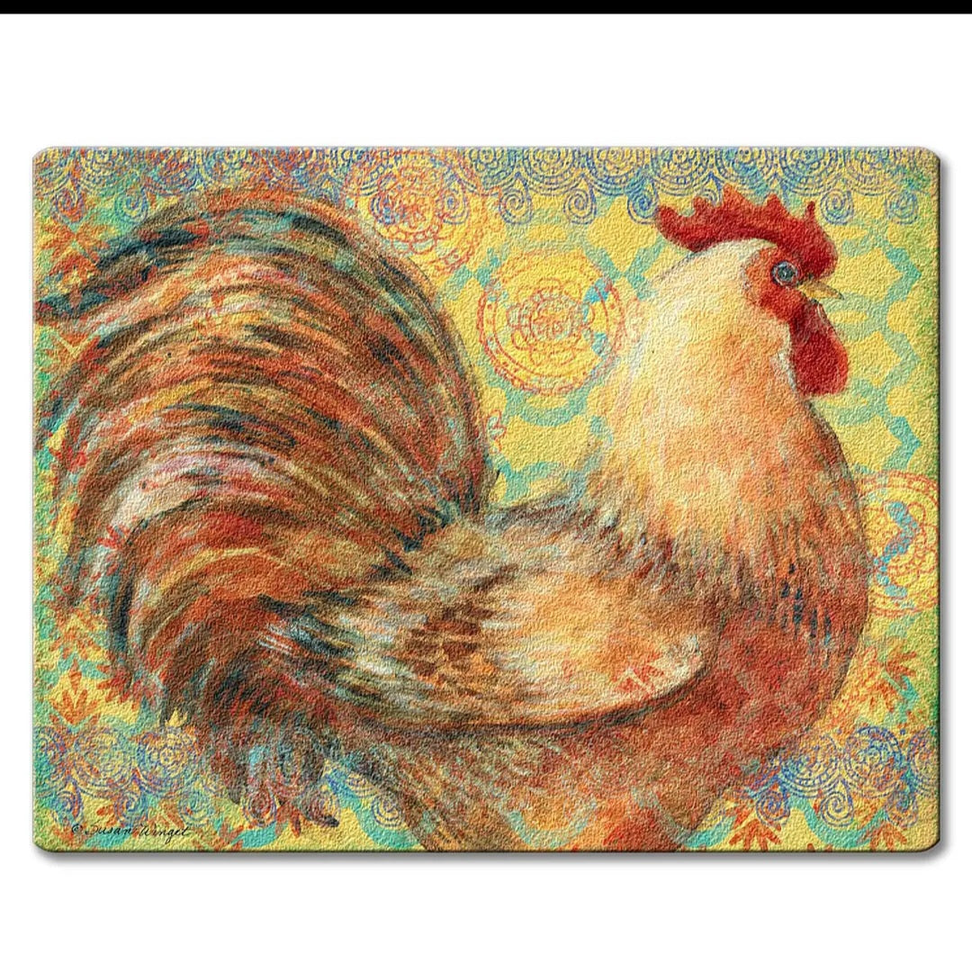 Cutting Board Fancy Rooster / Counter Saver Glass 8" x 10". **Not Polish Pottery