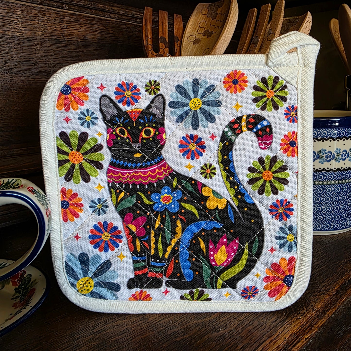 CAT -  Black kitty Cat ~ Feline & Forals - Potholder 