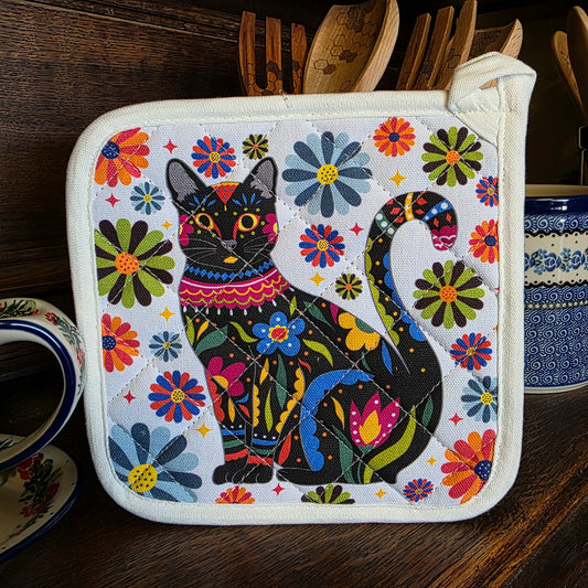CAT -  Black kitty Cat ~ Feline & Forals - Potholder 