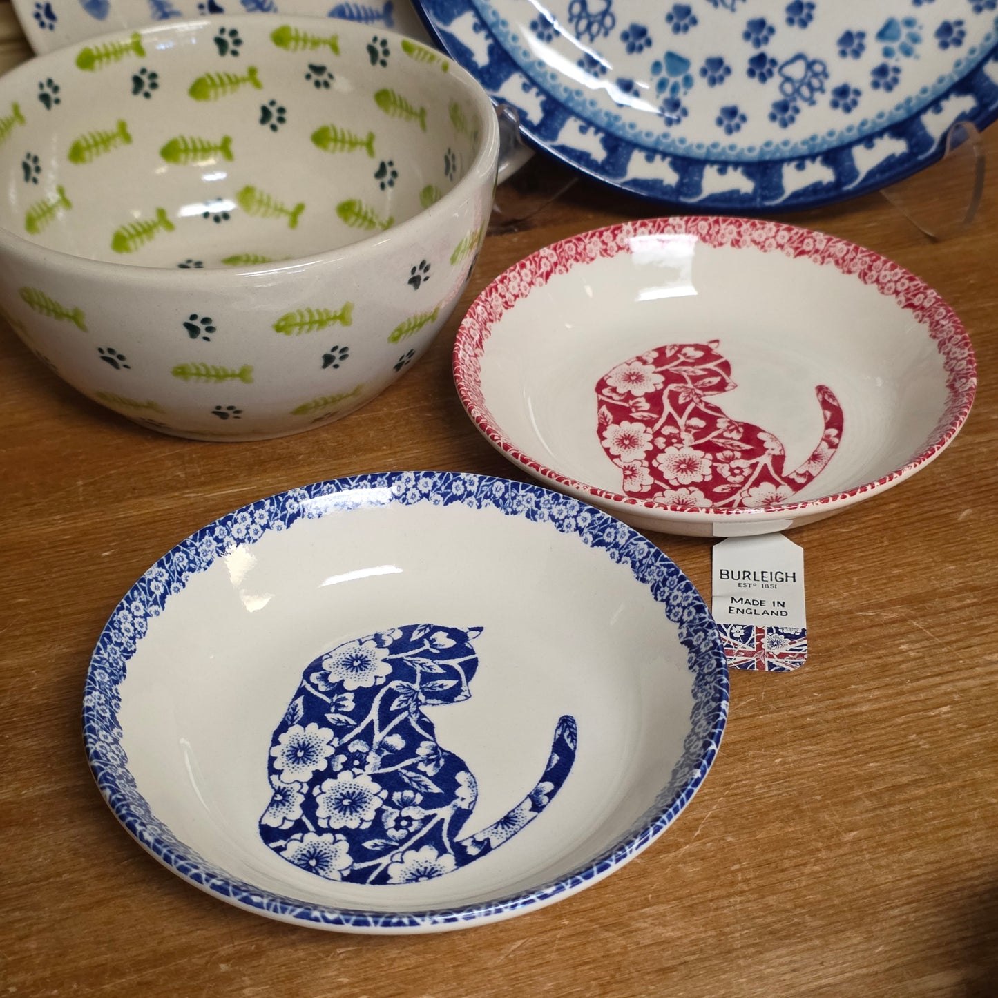 Burleigh ~ BLUE Butter Pat Calico Cat ~ Shallow bowl  *** NOT Polish Pottery