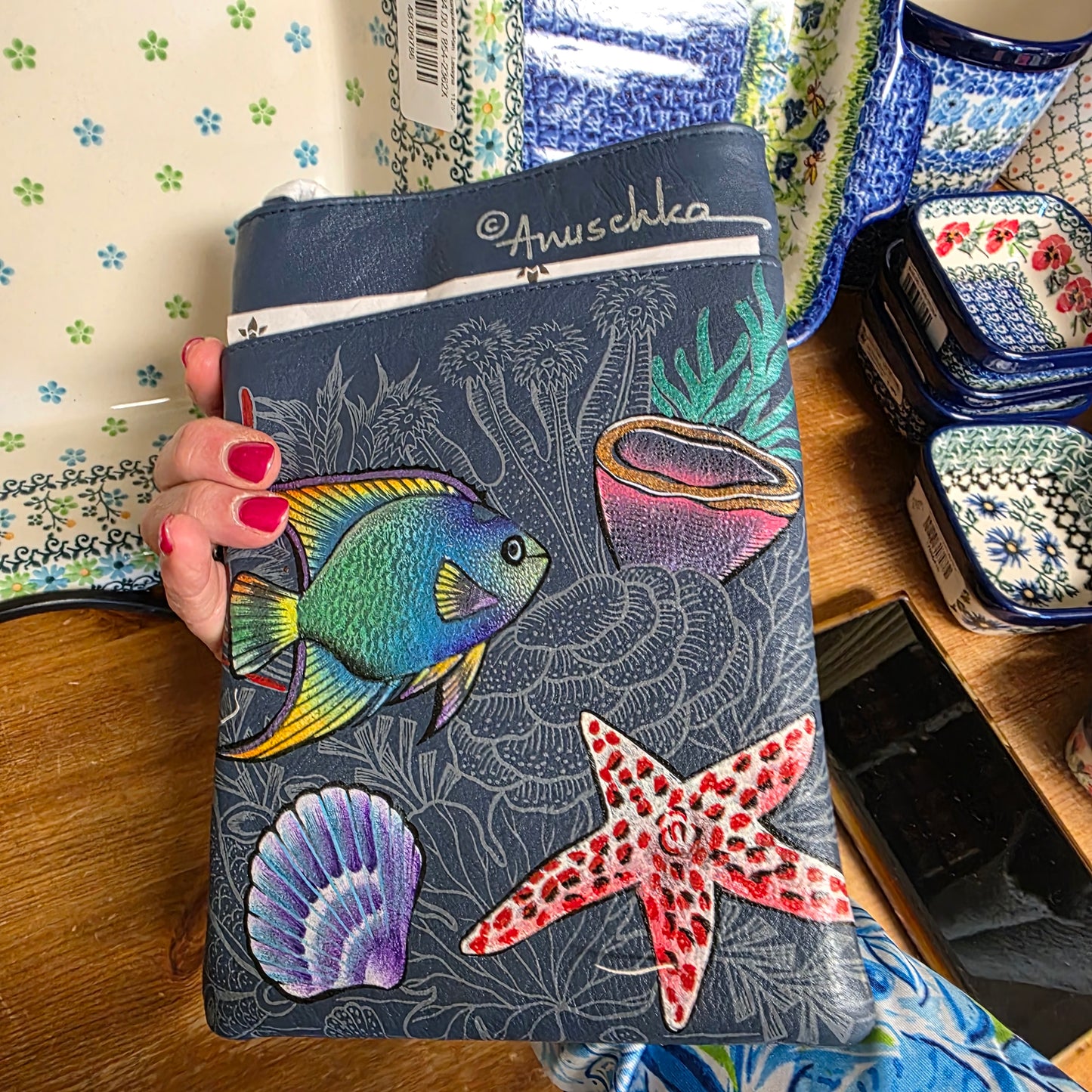 Anuschka ~ Crossbody Blue / Sealife  Double Zip Travel bag