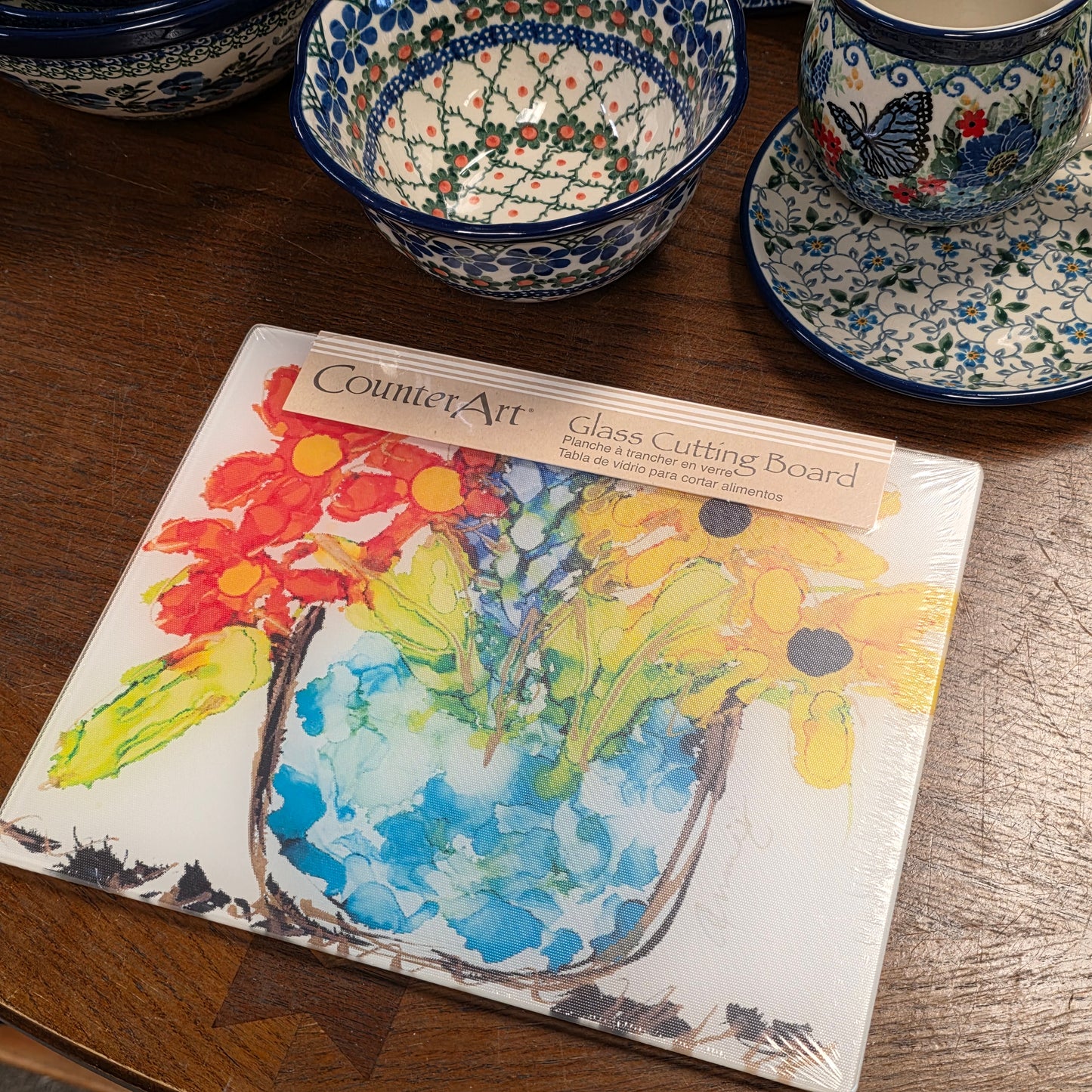 Cutting Board Red,yellow lovitude / Counter Saver Glass 8" x 10". **Not Polish Pottery