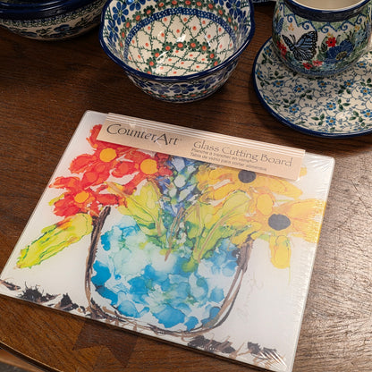 Cutting Board Red,yellow lovitude / Counter Saver Glass 8" x 10". **Not Polish Pottery
