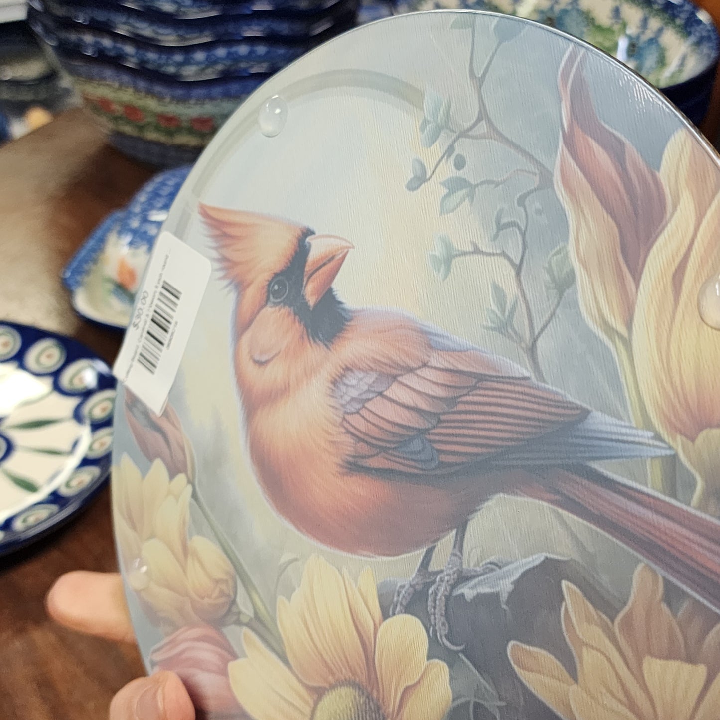 Cutting Board: Cardinal & Flowers 8 inch round   Tempered Glass